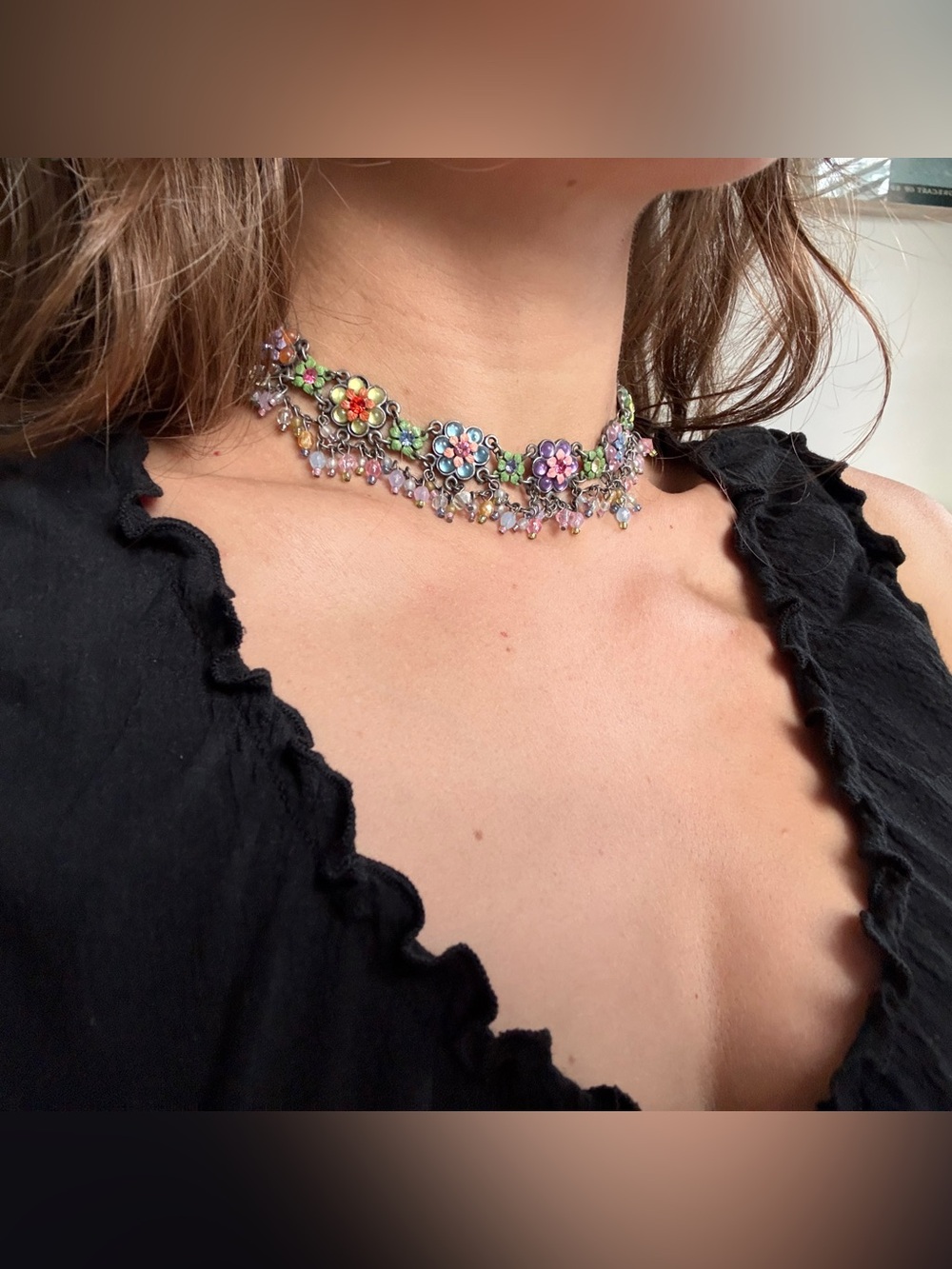 Vintage Multicolor Floral Beaded Bib Choker Necklace Statement Boho Y2K